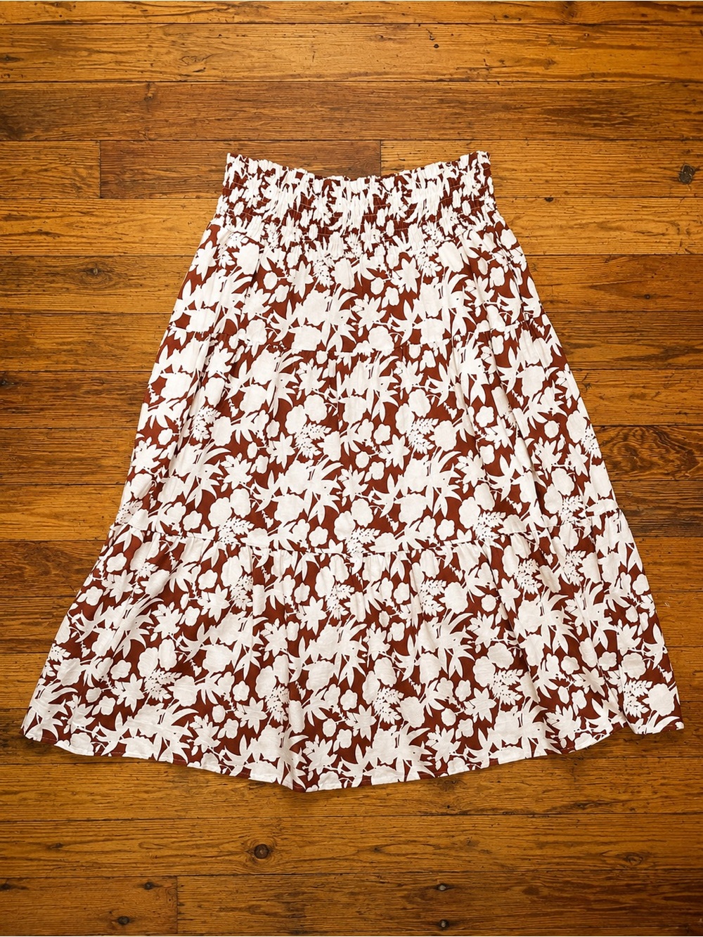100% Cotton Smocked Floral Tiered Maxi Skirt XL Boho Cottagecore - Picture 2 of 10